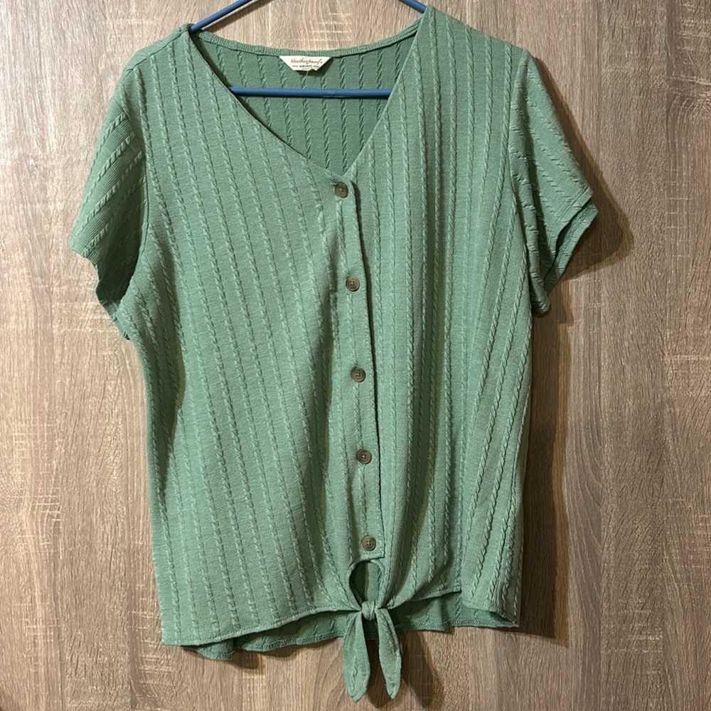 Weatherproof Vintage Green Button Down Tie Front Blouse